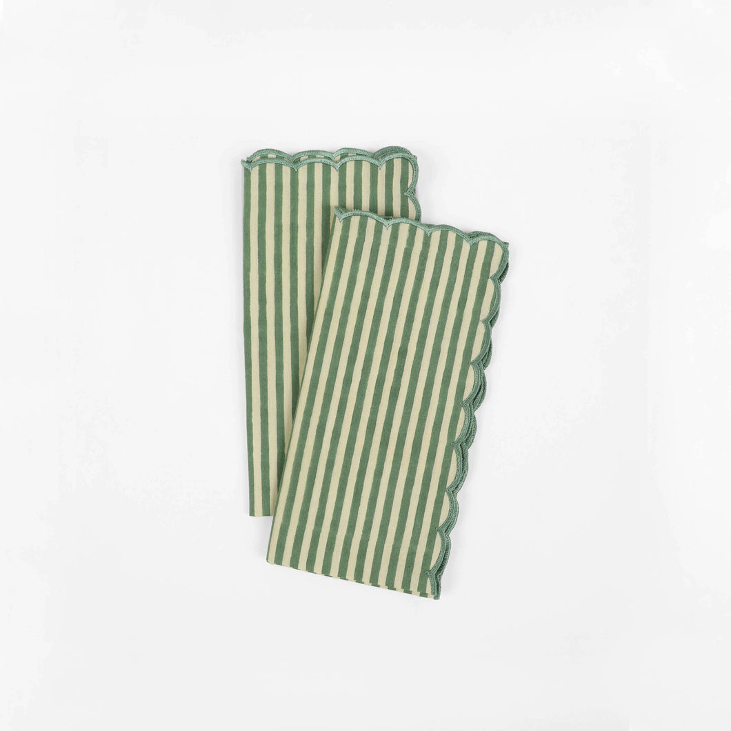 Block Printed Scallop Napkin Set (2) - Green Stripe